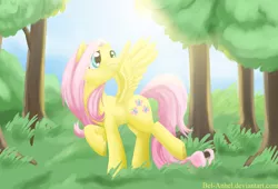 Size: 1470x1000 | Tagged: safe, artist:bel-assa, derpibooru import, fluttershy, pegasus, pony, female, forest, looking up, mare, raised hoof, solo, spread wings, sun, wings