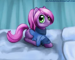 Size: 1247x1000 | Tagged: safe, artist:bel-assa, derpibooru import, oc, unofficial characters only, earth pony, pony, bed, clothes, commission, female, looking at you, mare, on bed, pillow, ponytail, smiling, solo, sweater