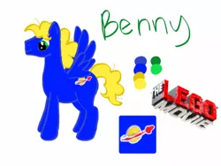 Size: 1024x768 | Tagged: safe, artist:peacock17512, derpibooru import, ponified, pegasus, pony, benny, crossover, lego, logo, simple background, solo, the lego movie, white background