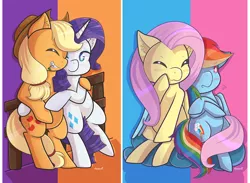 Size: 1024x748 | Tagged: safe, artist:kingkero, derpibooru import, applejack, fluttershy, rainbow dash, rarity, pony, cute, dashabetes, female, flutterdash, hug, jackabetes, lesbian, raribetes, rarijack, shipping, shyabetes, simple background, sitting, tail hug, tail wrap