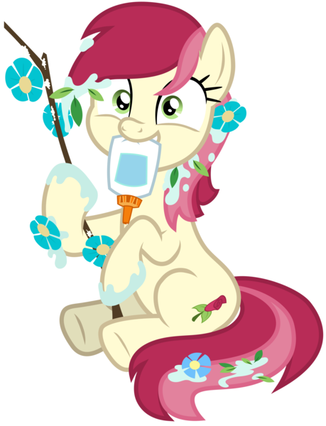 Size: 5000x6535 | Tagged: safe, artist:djdavid98, derpibooru import, roseluck, pony, student counsel, .svg available, cute, cuteluck, flower, flower in hair, glue, messy, mouth hold, rosabetes, silly, silly pony, simple background, sitting, solo, stick, transparent background, underhoof, vector