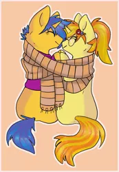 Size: 1301x1880 | Tagged: safe, artist:vanabette, derpibooru import, oc, oc:code sketch, oc:nenenyaa, pony, unicorn, clothes, commission, female, friendshipping, glasses, hairpin, holding hooves, hoodie, just friends, looking at each other, male, mare, not shipping, scarf, shared clothing, shared scarf, simple background, sitting, stallion, ych result