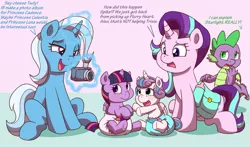 Size: 1280x753 | Tagged: safe, artist:artiecanvas, derpibooru import, princess flurry heart, spike, starlight glimmer, trixie, twilight sparkle, twilight sparkle (alicorn), alicorn, dragon, pony, ail-icorn, spoiler:interseason shorts, age regression, baby, baby bottle, baby pony, babylight sparkle, camera, diaper, diaper bag, foal, foal bottle, levitation, magic, poofy diaper, simple background, telekinesis, winged spike, younger