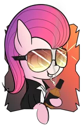 Size: 1662x2522 | Tagged: safe, artist:lamb, derpibooru import, pinkie pie, pony, alcohol, alternate hairstyle, cigarette, clothes, jack daniels, smoking, suit, sunglasses, whiskey