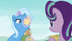 Size: 960x540 | Tagged: safe, derpibooru import, edit, edited screencap, screencap, starlight glimmer, trixie, unicorn, student counsel, angry tea drinking, animated, cup, drinking, duo, food, frown, gif, jewelry, loop, magic, magic aura, reversed, tea, teacup, telekinesis, that pony sure does love teacups, trixie is not amused, unamused