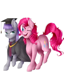 Size: 3000x3457 | Tagged: safe, artist:allex-ai, artist:vavaig69, derpibooru import, maud pie, pinkie pie, earth pony, pony, rock solid friendship, clothes, cute, duo, female, graduation, graduation cap, happy, hat, high res, lidded eyes, looking at each other, mare, one eye closed, open mouth, pie sisters, robe, rocktorate, siblings, simple background, sisters, transparent background