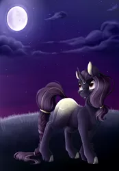 Size: 3000x4300 | Tagged: safe, artist:allex-ai, artist:vavaig69, derpibooru import, oc, oc:nightlight glow, unofficial characters only, pony, unicorn, braided tail, butt freckles, commission, female, freckles, full moon, looking up, mare, moon, night, ponytail, smiling, solo, sparkles, stars, tail jewelry