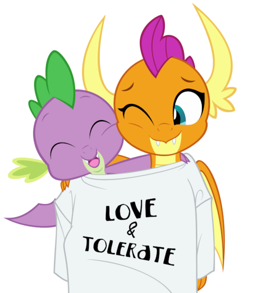 Size: 600x688 | Tagged: safe, artist:queencold, derpibooru import, smolder, spike, dragon, clothes, commission, cute, duo, fangs, female, love and tolerate, male, oversized clothes, oversized shirt, shared clothing, shirt, simple background, smolderbetes, spikabetes, t-shirt, transparent background, winged spike