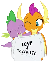 Size: 600x688 | Tagged: safe, artist:queencold, derpibooru import, smolder, spike, dragon, clothes, commission, cute, duo, fangs, female, love and tolerate, male, oversized clothes, oversized shirt, shared clothing, shirt, simple background, smolderbetes, spikabetes, t-shirt, transparent background, winged spike