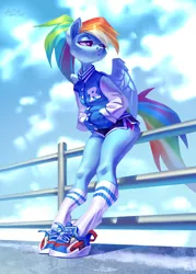 Size: 2067x2894 | Tagged: anthro, artist:holivi, butt squish, clothes, derpibooru import, female, hands in pockets, high res, jacket, legs, letterman jacket, pegasus, ponytail, railing, rainbow dash, safe, shoes, shorts, sitting, sneakers, socks, solo, sunny day, tail, unguligrade anthro, wings