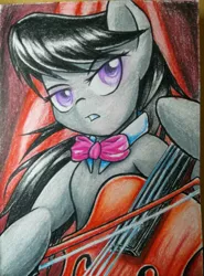 Size: 780x1052 | Tagged: safe, artist:elusiveautumn, derpibooru import, octavia melody, earth pony, pony, bowtie, cello, colored pencil drawing, female, mare, musical instrument, solo, traditional art