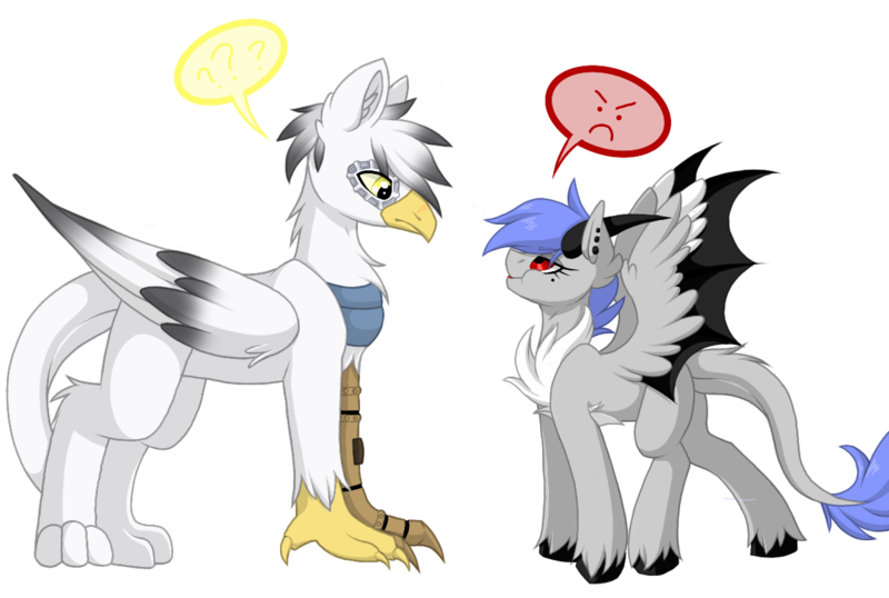 Size: 1200x807 | Tagged: safe, artist:melodytheartpony, derpibooru import, oc, oc:melody silver, dracony, dragon, gryphon, hybrid, pony, amputee, angry, clothes, confused, female, funny, male, prosthetic eye, prosthetic leg, prosthetic limb, prosthetics, scarf, size difference