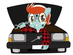 Size: 3200x2400 | Tagged: safe, artist:toyminator900, derpibooru import, oc, oc:doofs, unofficial characters only, earth pony, pony, alternate hairstyle, car, clothes, commission, glasses, oil, solo, volvo, wrench