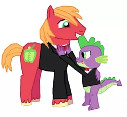 Size: 802x734 | Tagged: safe, artist:megasean45, derpibooru import, big macintosh, spike, dragon, earth pony, pony, clothes, groom, marriage, suit, tuxedo, wedding, winged spike