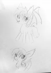 Size: 1275x1809 | Tagged: safe, artist:tjpones, derpibooru import, oc, oc:over easy, unofficial characters only, bat pony, pony, bat pony oc, bat wings, ear fluff, female, grayscale, lineart, mare, monochrome, pencil drawing, simple background, solo, spread wings, traditional art, wings