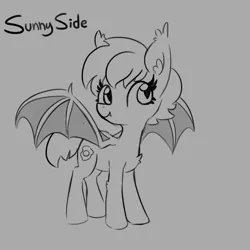 Size: 1080x1080 | Tagged: safe, artist:tjpones, derpibooru import, oc, oc:over easy, unofficial characters only, bat pony, pony, bat pony oc, bat wings, chest fluff, ear fluff, female, gray background, grayscale, mare, monochrome, simple background, smiling, solo, spread wings, wings