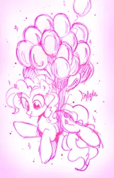 Size: 720x1120 | Tagged: safe, artist:liaaqila, derpibooru import, pinkie pie, earth pony, pony, :p, balloon, cute, diapinkes, female, floating, flying, gradient background, mare, monochrome, ponk, simple background, sketch, smiling, solo, sparkles, then watch her balloons lift her up to the sky, tongue out, white background