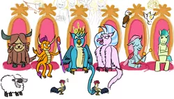 Size: 1400x800 | Tagged: safe, artist:horsesplease, derpibooru import, gallus, gilda, ocellus, sandbar, silverstream, smolder, yona, bird, changedling, changeling, cockatoo, dragon, eagle, earth pony, gryphon, hippogriff, pony, sheep, vulture, wooloo, yak, 60s spider-man, angel, background gilda, bad end, bloodstone scepter, colored, council of doom, crowing, crown, crown of grover, electro, evil grin, gallus the rooster, god-emperor of mankind, gods, good end, green goblin, grin, jewelry, khopesh, king gallus, me and the boys, meme, metal bawkses, paint tool sai, pokémon, queen silverstream, regalia, rhino tank, rooster, smiling, student six, sword, tank (vehicle), this will end in death, this will end in tears, this will end in tears and/or death, throne, warhammer (game), warhammer 40k, weapon