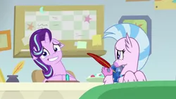 Size: 1920x1080 | Tagged: bulletin board, derpibooru import, desk, office, quill, quill pen, safe, screencap, silverstream, starlight glimmer, starlight glimmer is best facemaker, student counsel