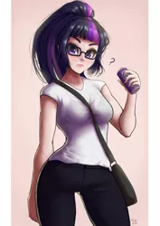 Size: 848x1200 | Tagged: safe, artist:the-park, derpibooru import, sci-twi, twilight sparkle, human, equestria girls, bag, bra, can, clothes, fanta, female, glasses, human coloration, humanized, question mark, see-through, simple background, soda can, solo, standing, sweat, underwear