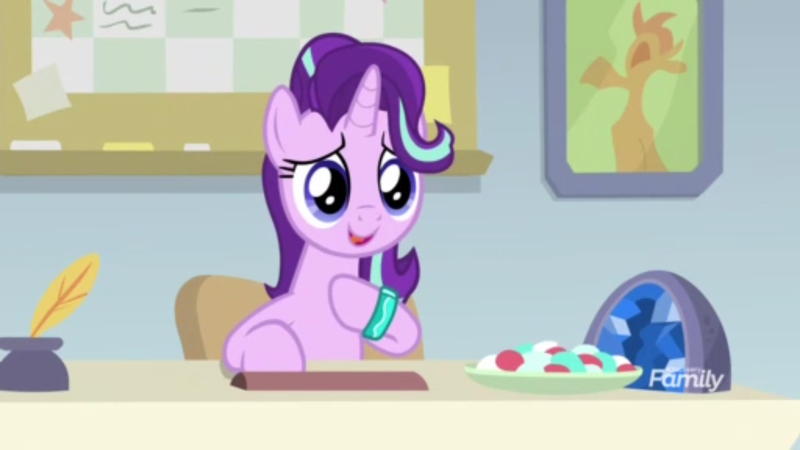 Size: 1366x768 | Tagged: safe, derpibooru import, screencap, starlight glimmer, pony, student counsel, armband, bulletin board, desk, discovery family logo, inkwell, office, quill, solo