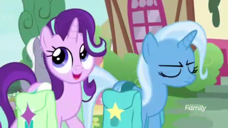 Size: 1366x768 | Tagged: safe, derpibooru import, screencap, starlight glimmer, trixie, pony, unicorn, student counsel, bag, cute, discovery family logo, eyes closed, female, glimmerbetes, mare, open mouth, ponyville, saddle bag, trixie is not amused, unamused