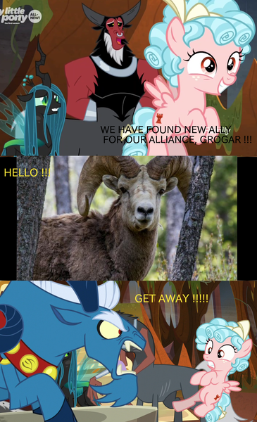 Size: 1400x2300 | Tagged: safe, derpibooru import, edit, edited screencap, screencap, cozy glow, grogar, lord tirek, queen chrysalis, centaur, changeling, changeling queen, pegasus, pony, sheep, frenemies (episode), the beginning of the end, cozybuse, female, filly, irl, male, photo, ram