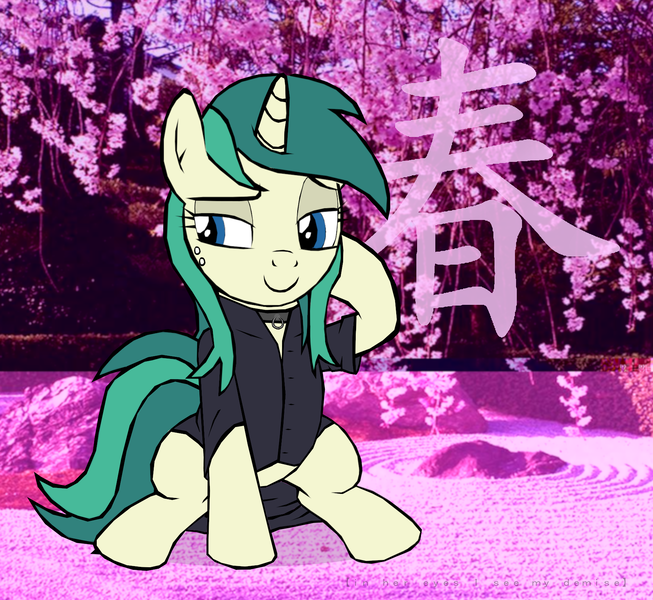 Size: 1755x1612 | Tagged: safe, artist:tyamat, derpibooru import, oc, oc:spring starflower, unofficial characters only, pony, unicorn, absurd resolution, choker, clothes, cute, dress, female, kanji, simple background, solo, trans girl, transgender, transparent background, vaporwave