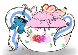 Size: 1057x756 | Tagged: safe, artist:beamybutt, derpibooru import, oc, oc:fleurbelle, alicorn, adorabelle, alicorn oc, bow, bowl, cute, female, food, hair bow, horn, ice cream, mare, sprinkles, strawberry, tongue out, wings
