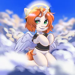 Size: 2000x2000 | Tagged: safe, artist:hollybright, derpibooru import, oc, oc:etoz, unofficial characters only, pony, unicorn, angel, clothes, cloud, commission, cute, fake wings, fangs, female, halo, mare, open mouth, shirt, sky, smiling, solo, t-shirt, wings, ych result