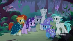 Size: 1366x766 | Tagged: safe, derpibooru import, screencap, maud pie, mudbriar, starlight glimmer, sunburst, terramar, trixie, pony, student counsel, everfree forest, night, scared, statue, worried