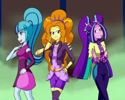 Size: 2000x1600 | Tagged: safe, artist:jake heritagu, derpibooru import, adagio dazzle, aria blaze, sonata dusk, equestria girls, equestria girls series, find the magic, spoiler:eqg series (season 2), bracelet, clothes, jacket, jewelry, leather jacket, pigtails, polka dots, ponytail, shorts, spiked headband, the dazzlings, twintails