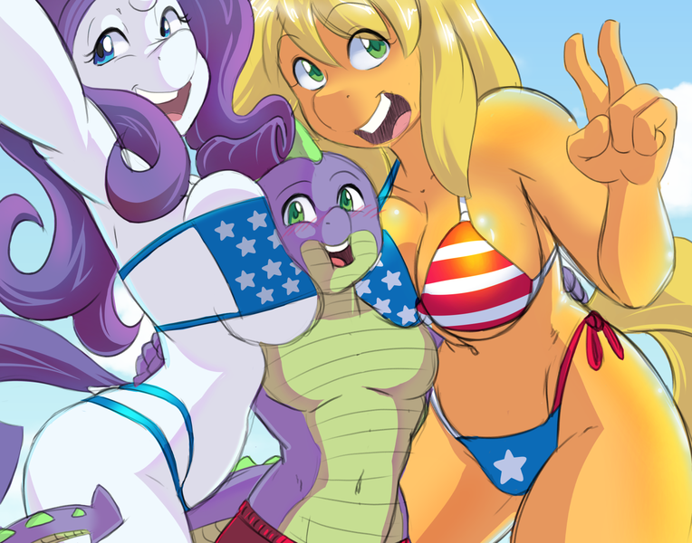 Size: 1470x1155 | Tagged: source needed, suggestive, artist:the-unicorn-lord, derpibooru import, applejack, rarity, spike, anthro, dragon, earth pony, unicorn, american flag, american flag bikini, amerijack, applespike, armpits, beach, belly button, between breasts, big breasts, bikini, bisexual, blushing, boob smothering, breasts, busty applejack, busty rarity, cleavage, clothes, female, improved version, lesbian, lucky bastard, male, partial nudity, polyamory, selfie, shipping, smiling, smothering, sparijack, sparity, spike gets all the mares, straight, straight shota, string bikini, swimsuit, thong swimsuit, topless