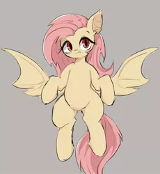 Size: 1885x2048 | Tagged: safe, artist:91o42, derpibooru import, fluttershy, bat pony, pony, bat ponified, cute, female, flutterbat, gray background, looking at you, mare, race swap, shyabates, shyabetes, simple background, solo, spread wings, wings