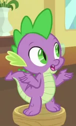 Size: 268x442 | Tagged: safe, derpibooru import, screencap, spike, dragon, the point of no return, claws, cropped, fangs, folded wings, male, shrug, slit eyes, solo, tail, toes, winged spike, wings