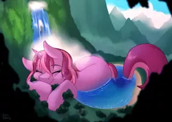 Size: 4093x2894 | Tagged: safe, artist:sugaryviolet, derpibooru import, oc, oc:sugary violet, unofficial characters only, pony, unicorn, cute, giant pony, lake, macro, scenery, smiling, waterfall