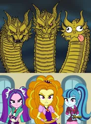 Size: 1920x2612 | Tagged: safe, derpibooru import, edit, screencap, adagio dazzle, aria blaze, sonata dusk, dragon, hydra, kaiju, equestria girls, rainbow rocks, :3, :p, angry, colored sclera, crossed arms, derp, frown, glare, godzilla (series), godzilla: king of the monsters 2019, hand on hip, ichi, kevin, kevin ghidorah, king ghidorah, looking at you, multiple heads, nii, raised eyebrow, red sclera, san, serious, serious face, smiling, smirk, the dazzlings, tongue out