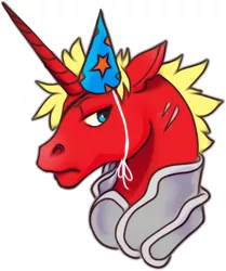 Size: 519x622 | Tagged: safe, artist:sitaart, derpibooru import, oc, oc:steel prism, pony, unicorn, armor, commission, grumpy, hat, party, red