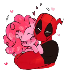 Size: 540x584 | Tagged: artist:drawbauchery, blushing, crossover, crossover shipping, cute, deadpool, derpibooru import, diapinkes, eyes closed, female, heart, hug, male, marvel, pinkie pie, pinkiepool (pairing), safe, shipping, simple background, straight, transparent background