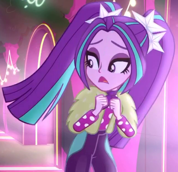 Size: 641x616 | Tagged: safe, derpibooru import, screencap, aria blaze, equestria girls, equestria girls series, find the magic, spoiler:eqg series (season 2), alternate clothes, ariabetes, clothes, cropped, cute, female, neon, pants, polka dots, ponytails, solo