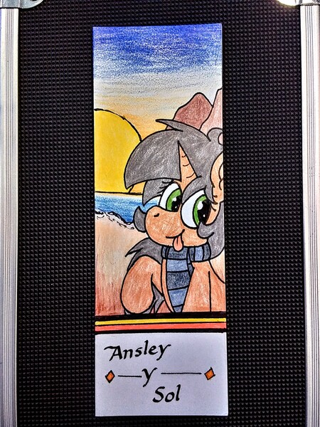 Size: 1920x2560 | Tagged: safe, artist:thebadbadger, derpibooru import, oc, oc:astatine, unofficial characters only, pony, unicorn, beach, bookmark, ocean, solo, sun, tongue out, traditional art