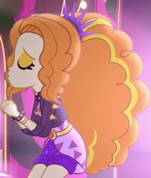 Size: 529x623 | Tagged: safe, derpibooru import, screencap, adagio dazzle, equestria girls, equestria girls series, find the magic, spoiler:eqg series (season 2), adoragio, alternate clothes, beautiful, big hair, bracelet, clothes, cropped, curly hair, cute, dazzlebetes, eyes closed, female, hairband, hands together, jacket, leather jacket, neon, shorts, singing, solo, spiked wristband, waist belt, wristband