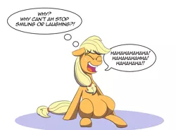 Size: 1545x1135 | Tagged: safe, artist:feralroku, derpibooru import, applejack, pony, eyes closed, laughing, one piece, open mouth, simple background, sitting, solo, speech bubble, spoilers for another series, thought bubble, white background