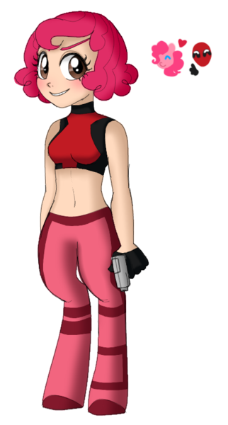 Size: 423x788 | Tagged: artist:unoriginai, crossover, crossover shipping, cute, deadpool, derpibooru import, female, male, oc, oc:painkie, offspring, parent:deadpool, parent:pinkie pie, parents:pinkiepool, pinkie pie, pinkiepool (pairing), safe, satyr, shipping, straight, this will end in chaos