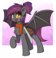 Size: 1514x1570 | Tagged: safe, artist:puetsua, derpibooru import, oc, oc:anneal, unofficial characters only, bat pony, pony, bag, bat pony oc, bat wings, chest fluff, clothes, fangs, female, looking at you, machete, mare, open mouth, ponytail, raised hoof, saddle bag, scarf, smiling, solo, spread wings, sword, weapon, wings