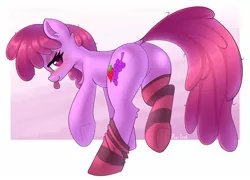 Size: 1632x1175 | Tagged: safe, artist:puetsua, derpibooru import, berry punch, berryshine, earth pony, pony, bedroom eyes, blushing, butt, chest fluff, clothes, dock, drunk, female, leg fluff, lidded eyes, looking at you, looking back, looking back at you, mare, plot, raised hoof, raised leg, smiling, socks, solo, striped socks, tongue out, underhoof