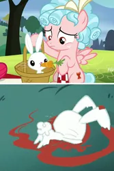 Size: 396x594 | Tagged: semi-grimdark, derpibooru import, edit, edited screencap, screencap, angel bunny, cozy glow, pegasus, pony, rabbit, marks for effort, abuse, angelbuse, animal, animal abuse, blood, carrot, comic, dead, female, filly, food