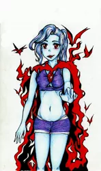 Size: 2698x4551 | Tagged: safe, artist:starwantrix, derpibooru import, trixie, vampire, equestria girls, belly button, clothes, fangs, female, midriff, red eyes, shorts, simple background, solo, traditional art, white background