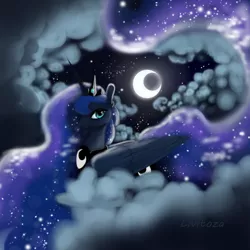 Size: 700x700 | Tagged: safe, artist:livitoza, derpibooru import, princess luna, pony, cloud, ethereal mane, ethereal tail, hair over one eye, moon, night, on a cloud, prone, signature, sitting, sitting on cloud, solo, starry mane, stars