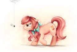 Size: 4710x3210 | Tagged: safe, artist:autumn rush, derpibooru import, oc, unofficial characters only, earth pony, pony, spider, bandana, bow, cute, female, glare, hair bow, mare, solo, spider web, sweat, sweatdrop